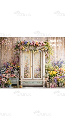 Tło fotograficzne „Vintage szafa w kwiatach i świetlnych girlandach” | E827